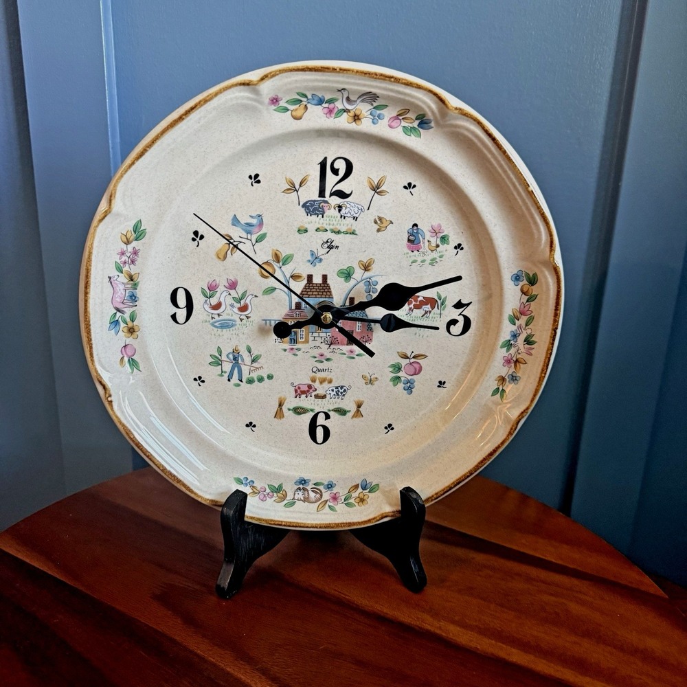 Heartland International Stoneware Plate Wall Clock Cottage Grannycore Farmhouse